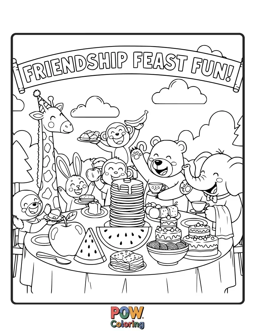 Free coloring page of Various animals like a badger, squirrel, and bird share a picnic blanket with mini Thanksgiving dishes. Friendship and food!