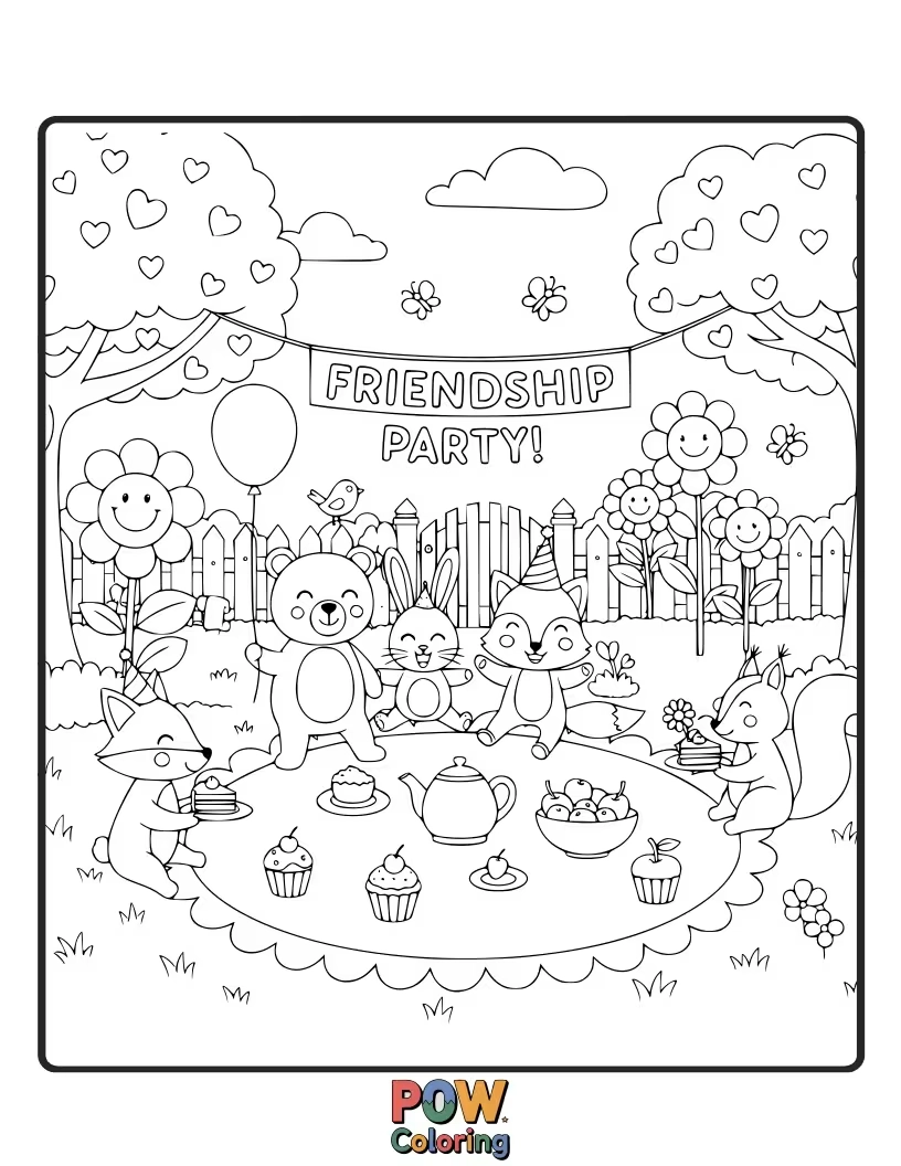 Free coloring page of Tiny jungle friends having a tea party amongst giant, whimsical flowers and glowing mushrooms. Magic and laughter abound.
