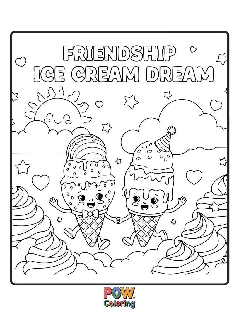 Free coloring page of Two smiling ice cream cones, one with sprinkles, the other with chocolate sauce, enjoying a sweet, colorful day.