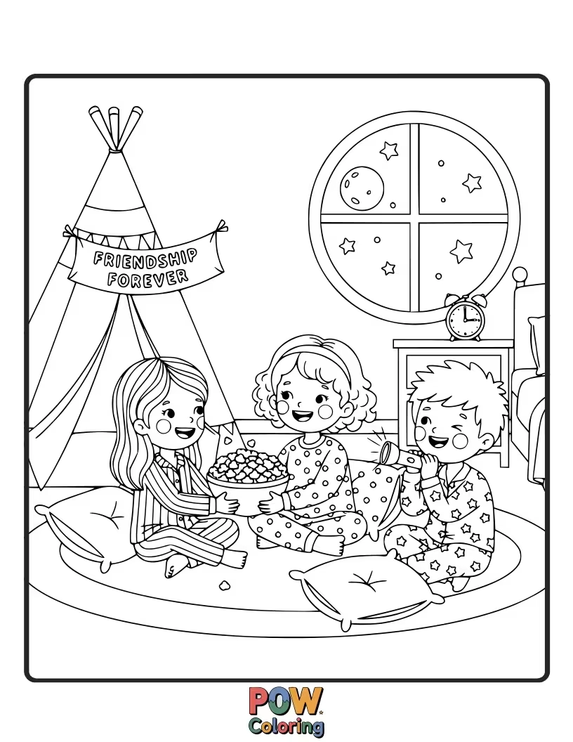 Free coloring page of Three sleepy friends wearing pajamas, sharing popcorn and hot chocolate during a cozy, magical slumber party.