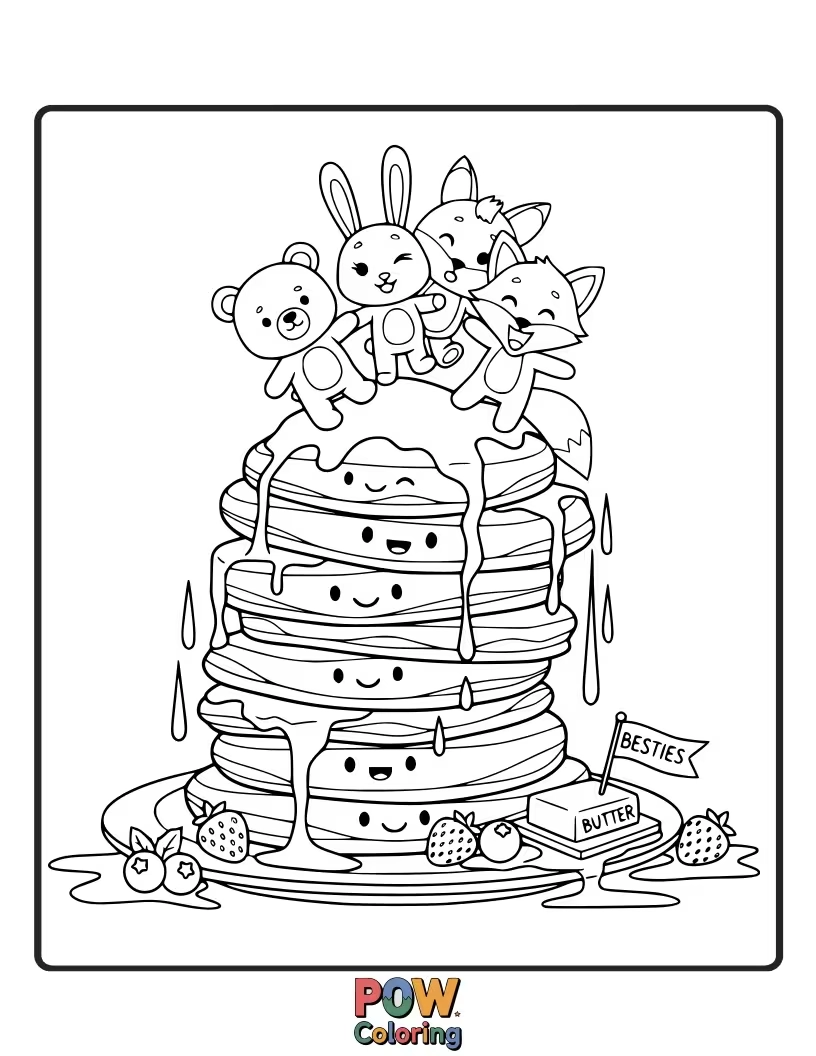 Free coloring page of Four friends were happy on piling up the pancakes and covered it up with syrup and whipped cream.