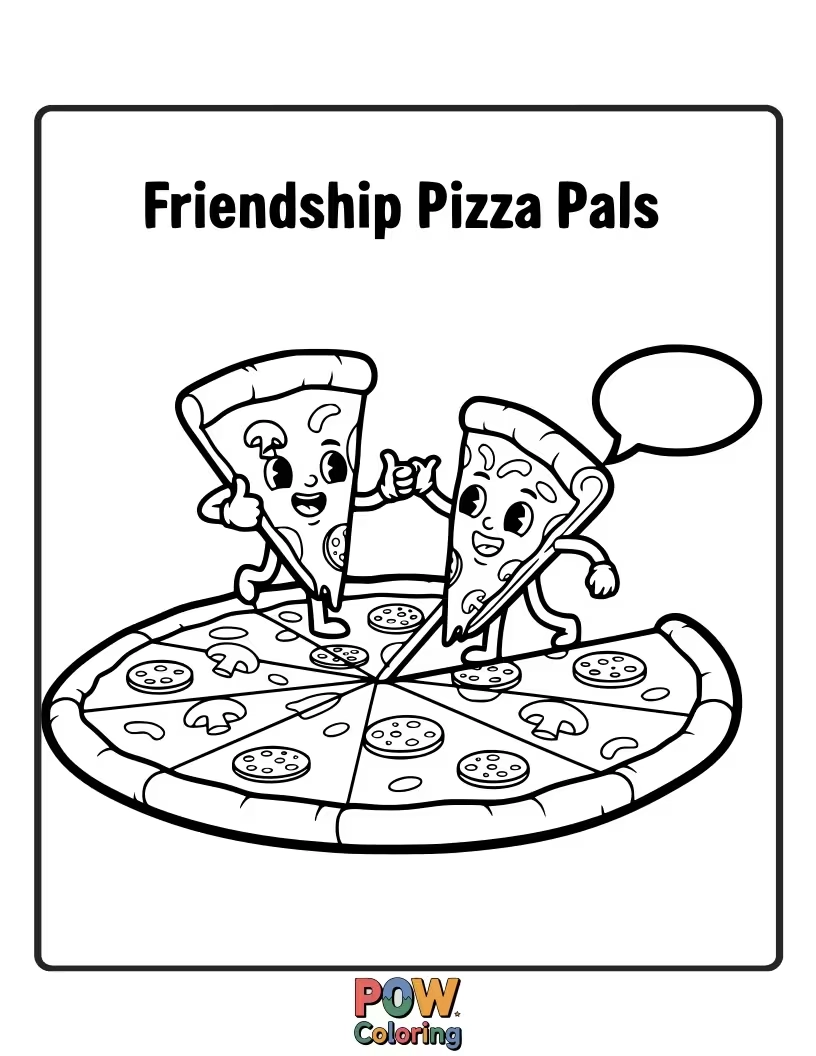 Free coloring page of A playful scene of cartoon pizza slices with faces, high-fiving each other with cheesy smiles. Friendship in every bite!