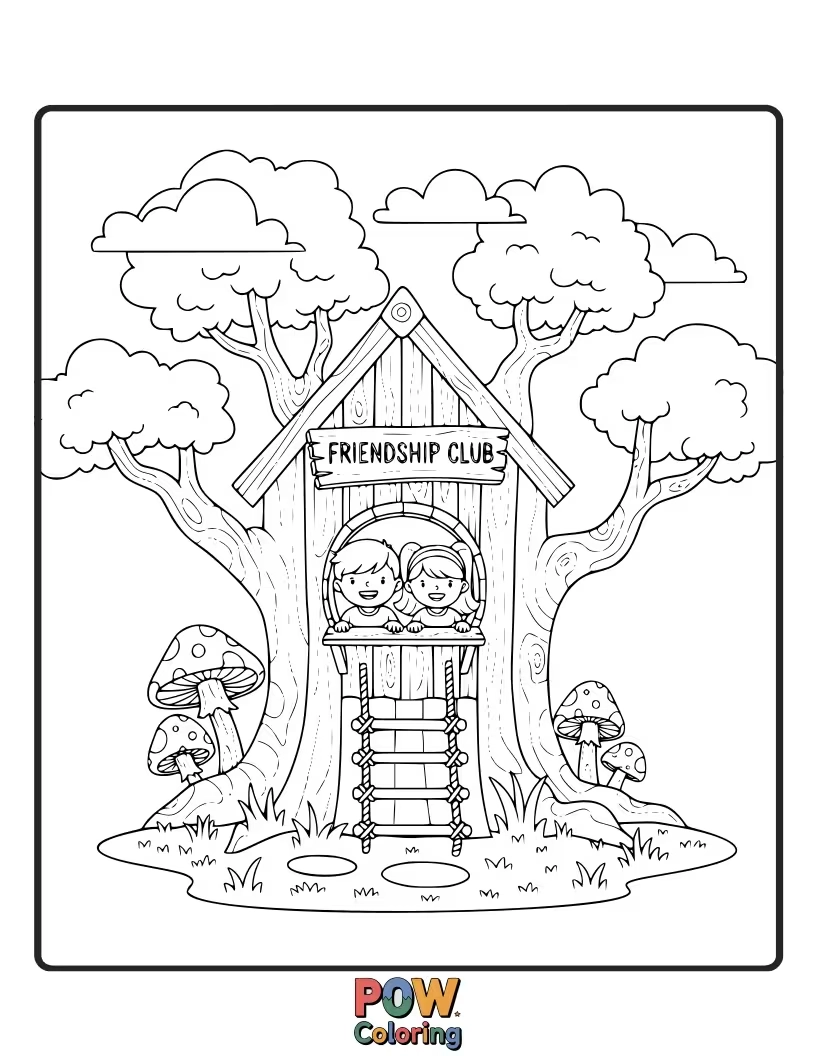 Free coloring page of A charming treehouse overflowing with secrets, where two little friends share giggles and plan their next big adventure.