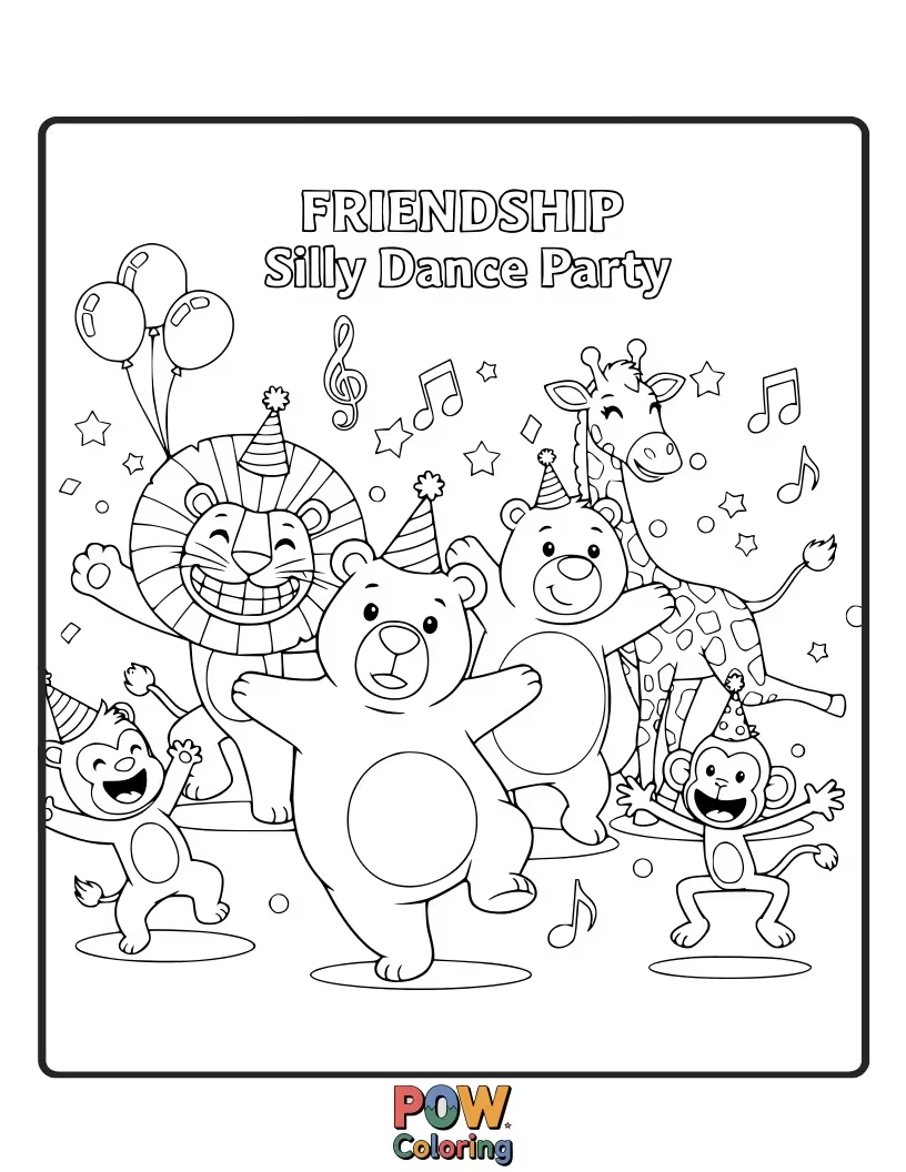 Free coloring page of A group of jungle friends with wacky dance moves, grooving to imaginary music in a neon-lit room.