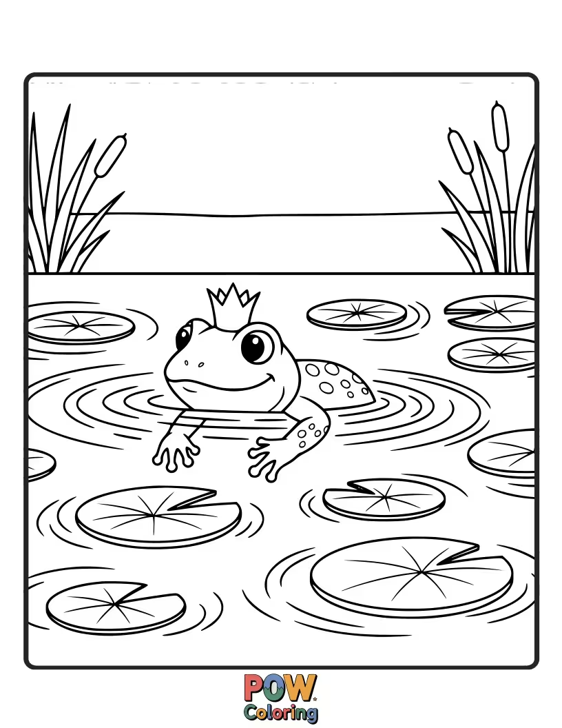 Free coloring page of A charming frog wearing a tiny crown is swimming in a royal pond, waiting for his princess.
