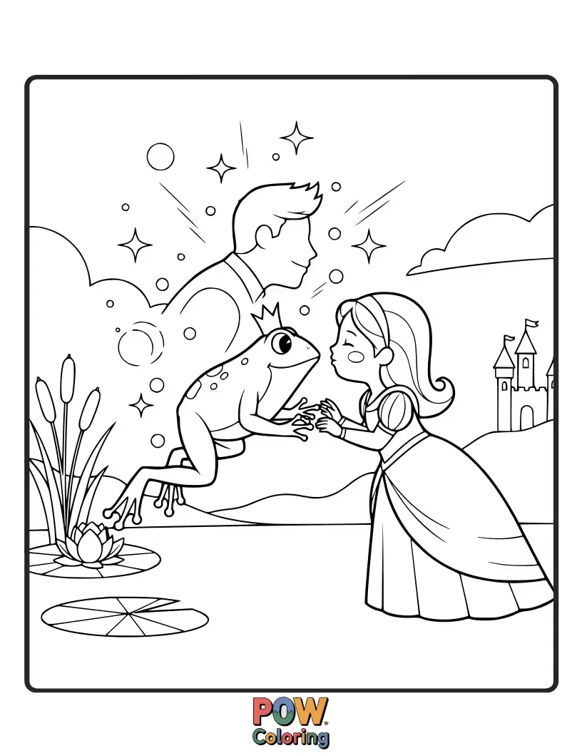 Free coloring page of A funny scene of the Fairy Godmother accidentally turning a frog into a tiny, dapper prince.