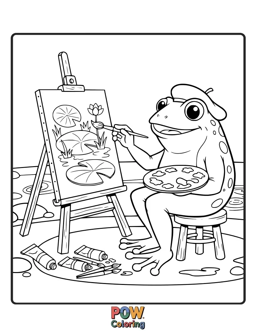 Free coloring page of With a paintbrush and easel, this creative frog is painting a masterpiece of a beautiful sunset. Let your imagination flow!