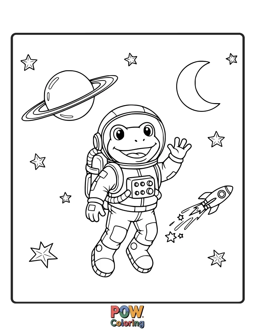 Free coloring page of A brave frog in a space helmet leaps among stars and planets, exploring the cosmic pond. Ready for an out-of-this-world coloring journey!