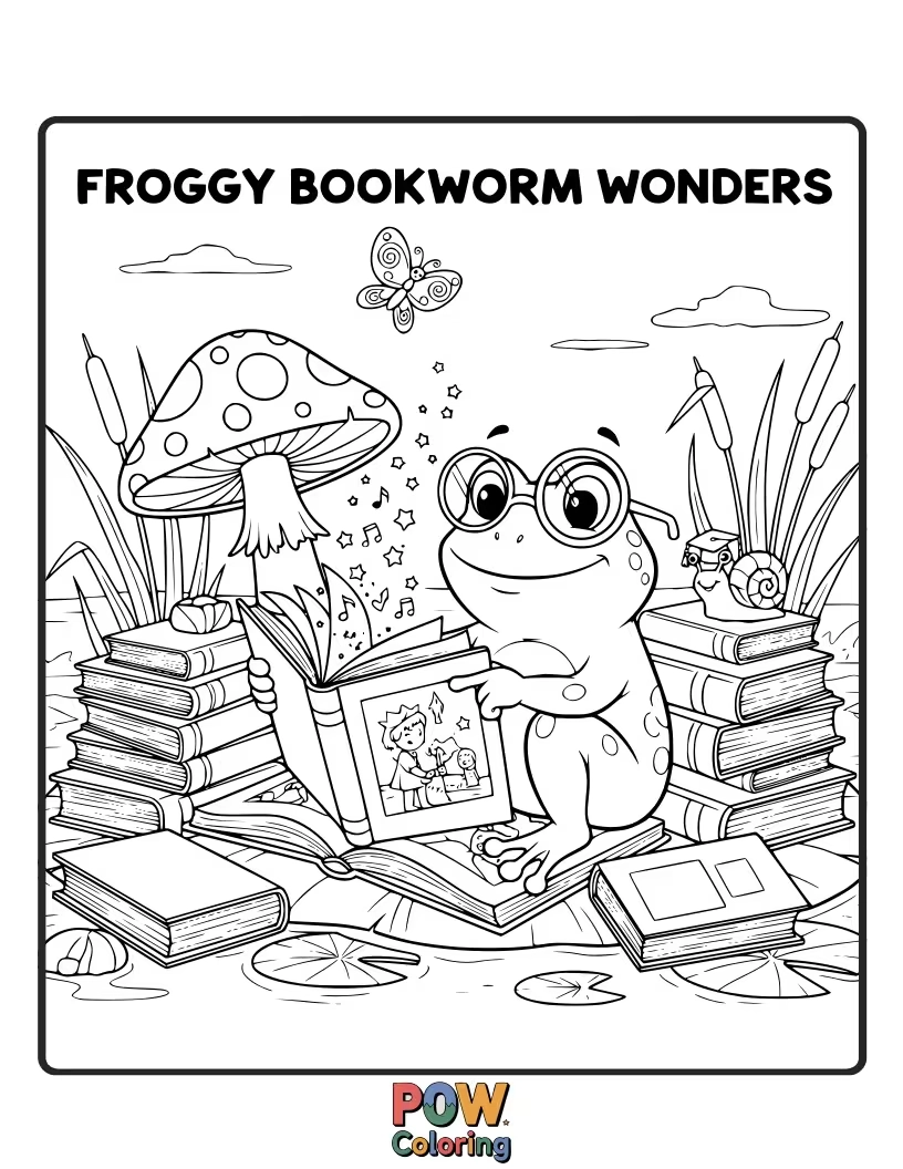 Free coloring page of This studious frog is engrossed in a giant book, surrounded by floating question marks. A great coloring adventure for curious minds!