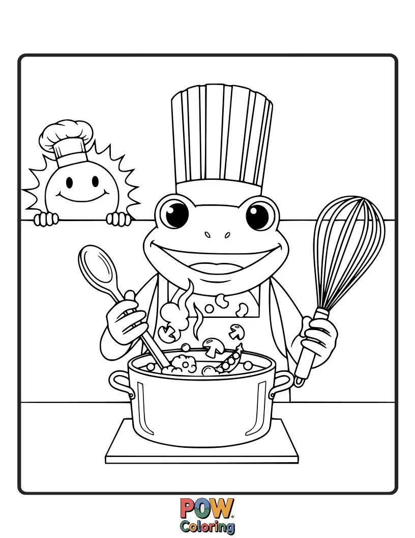 Free coloring page of This culinary frog is whipping up a delicious fly-burger with a chef's hat on. A tasty and fun coloring challenge!