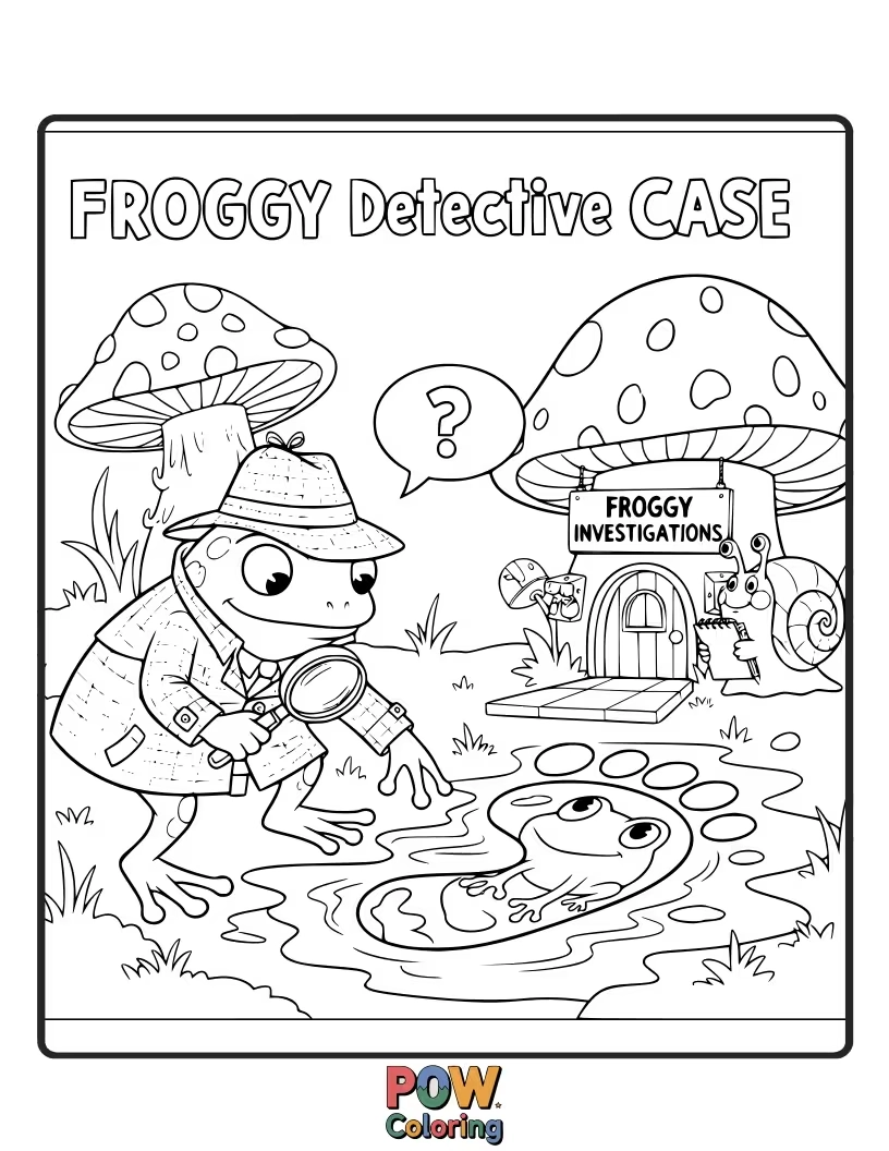 Free coloring page of With a magnifying glass, this clever frog is on the hunt for clues. Solve the mystery with your colors!