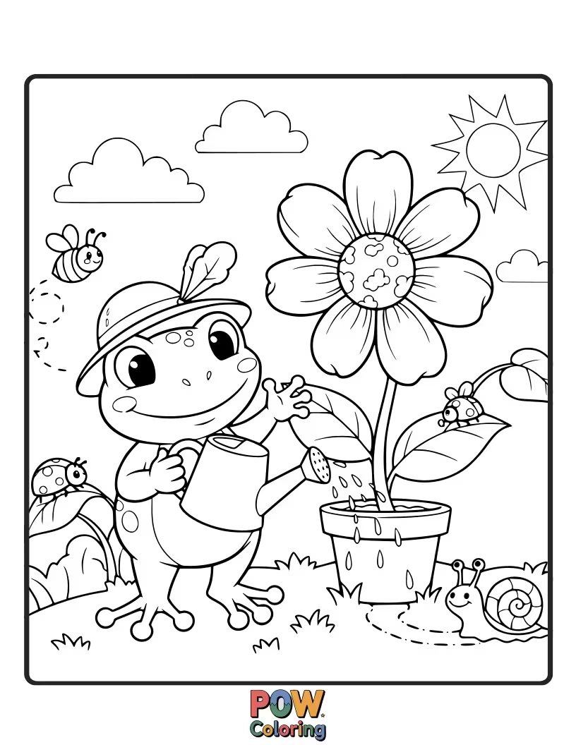 Free coloring page of This happy frog is tending to a garden of giant flowers, watering can in hand. Let these colorful blooms come alive!