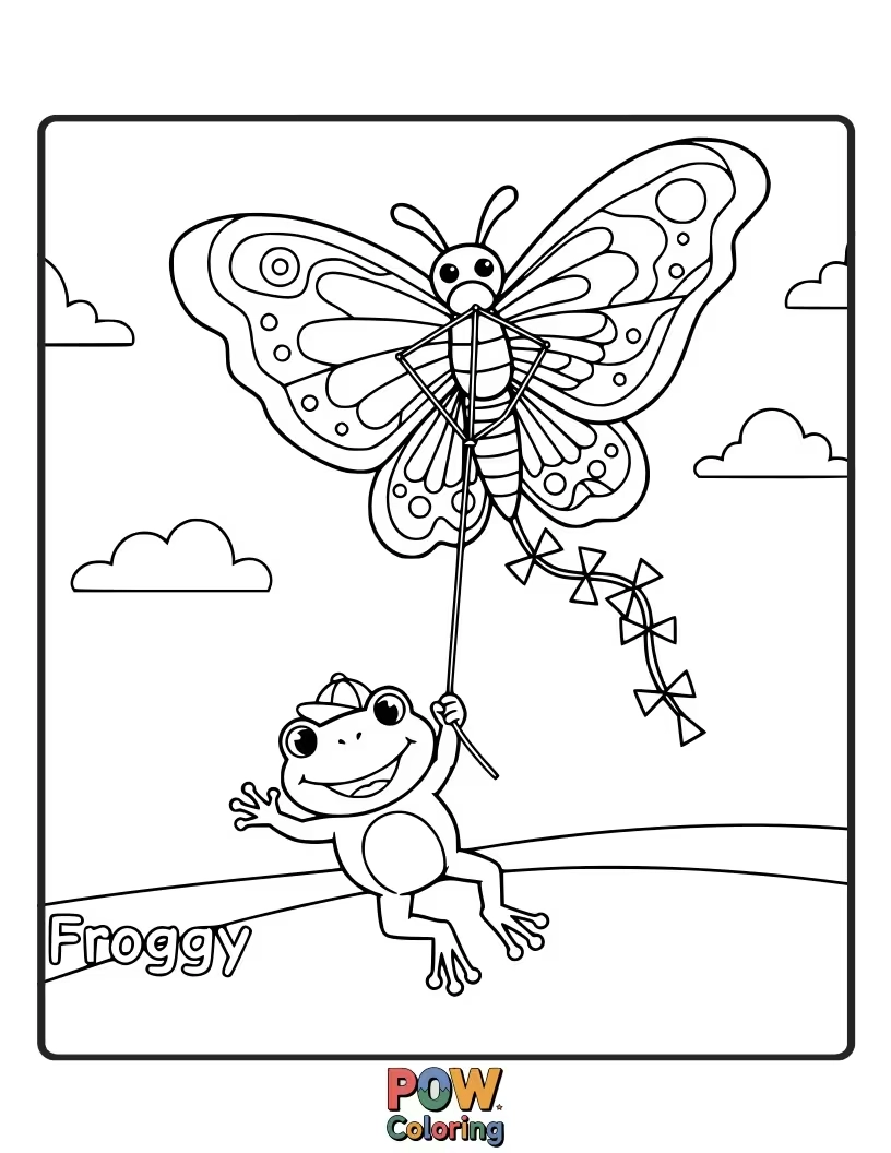 Free coloring page of This happy frog is soaring a colorful kite high in the blue sky. Let your imagination take flight with this design!