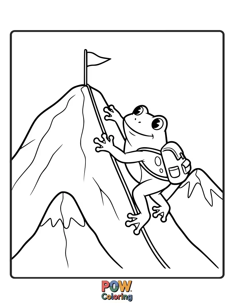 Free coloring page of Scaling a giant mushroom, this adventurous frog is conquering new heights. Reach the peak with your vibrant hues!