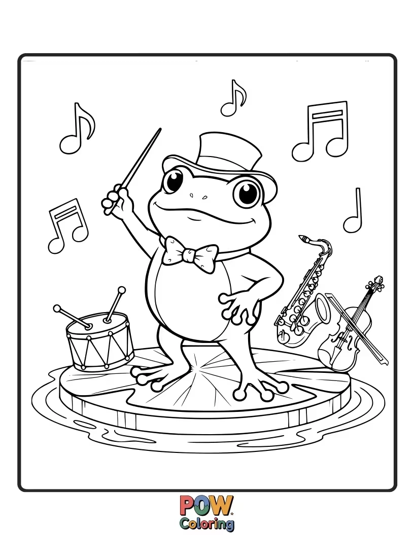 Free coloring page of Conducting an orchestra of cheerful crickets, this frog is leading a symphony. Let the colors sing!
