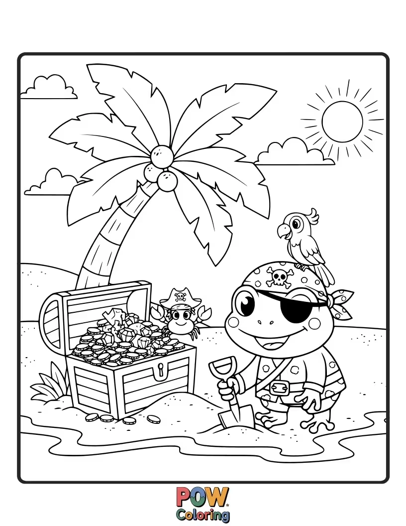 Free coloring page of A swashbuckling frog with an eye patch and bandana is searching for buried treasure. Chart your coloring course!