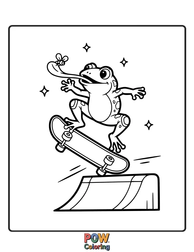 Free coloring page of This daring frog is performing a cool trick on a skateboard, with a determined expression. Ready for an action-packed coloring session!