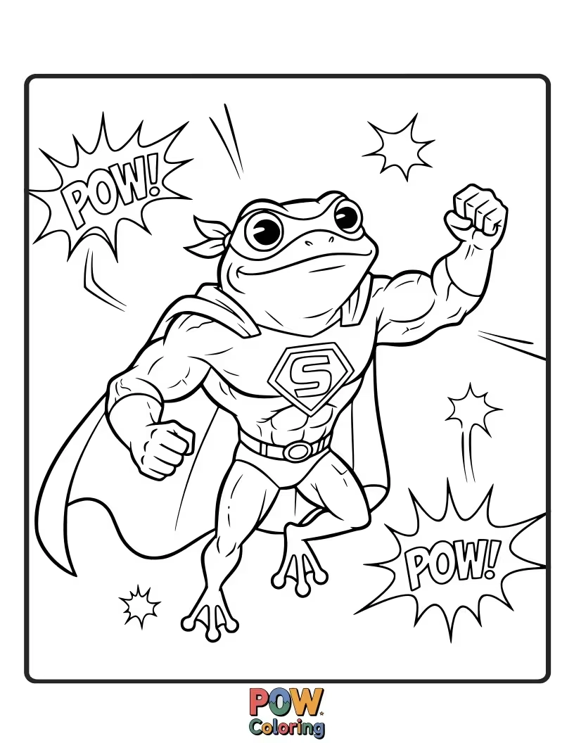 Free coloring page of This super frog, with a cape and mask, is ready to leap into action. Save the day with your coloring abilities!