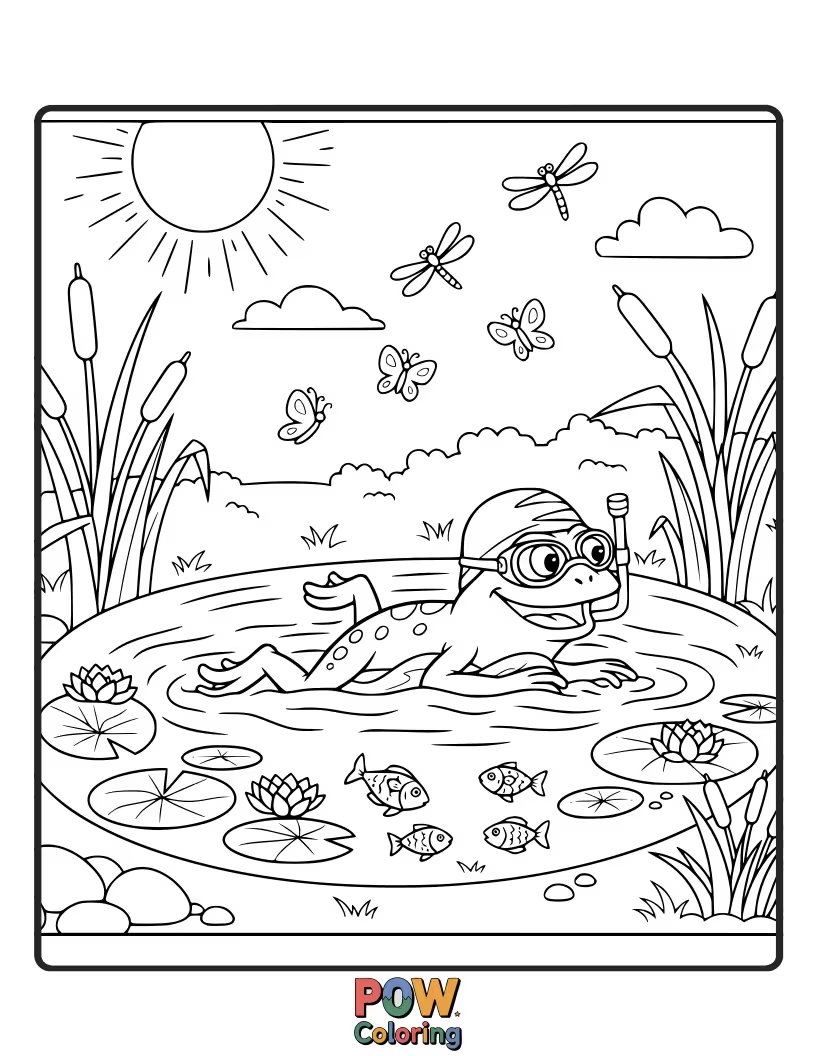 Free coloring page of A cheerful frog with big eyes paddles happily through a lily pad-covered pond, enjoying a sunny day.