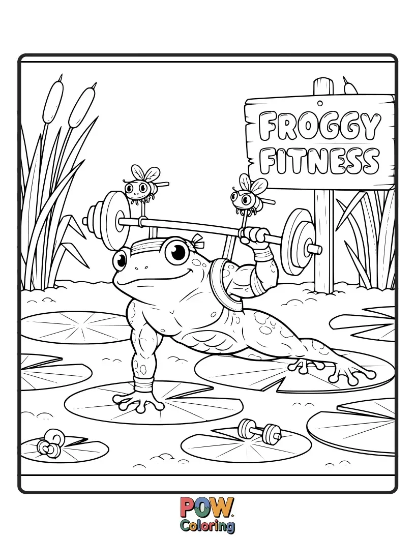 Free coloring page of A happy frog leaping over tiny hurdles and doing jumping jacks on lily pads within a colorful, water-themed gym.