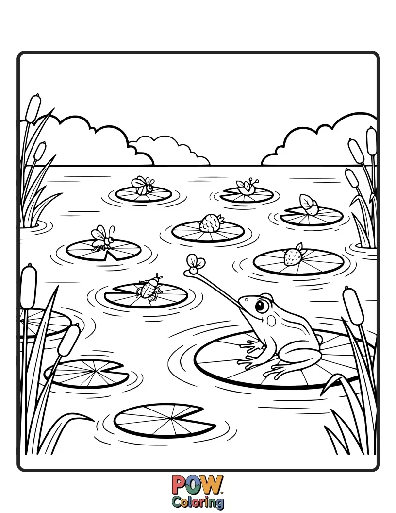 Free coloring page of A happy frog leaping from lily pad to lily pad, searching for hidden Easter eggs.