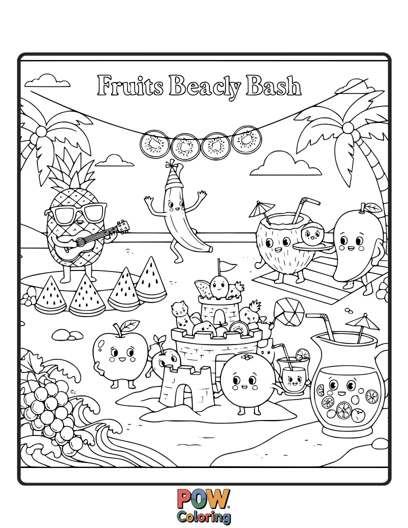 Free coloring page of Happy fruits enjoying a sunny beach party with sandcastles, surfboards, and refreshing drinks.