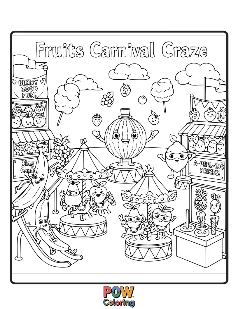 Free coloring page of Excited fruits riding on a colorful carousel and playing carnival games with a backdrop of bright tents.