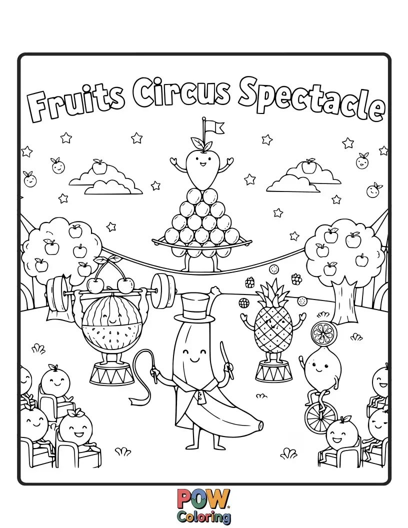 Free coloring page of Talented fruits performing amazing feats under a big top tent, including juggling and acrobatic stunts.
