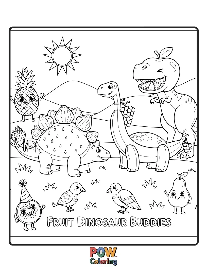 Free coloring page of Friendly fruits alongside adorable baby dinosaurs, exploring a prehistoric world filled with lush greenery.