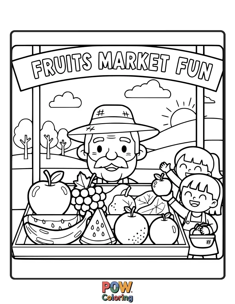 Free coloring page of Bustling fruits setting up stalls at a lively farmer's market, displaying their freshest and most colorful produce.