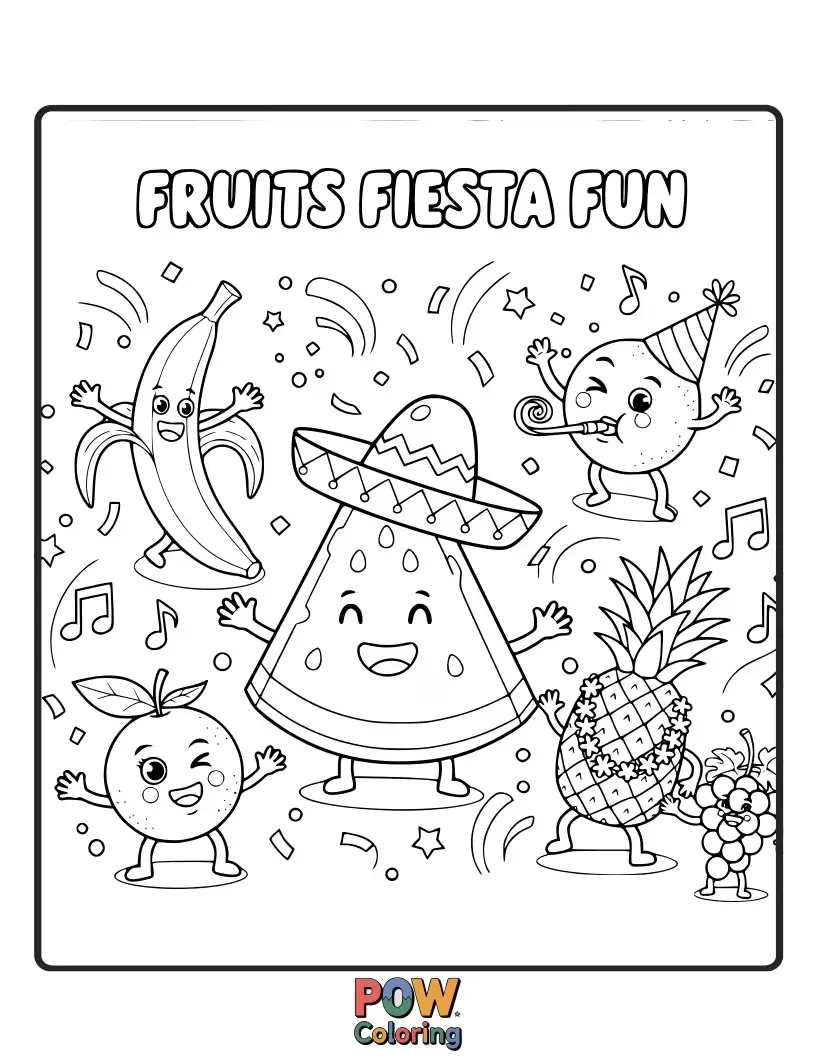 Free coloring page of A cheerful gathering of smiling fruits enjoying a vibrant fiesta with tiny hats and confetti.