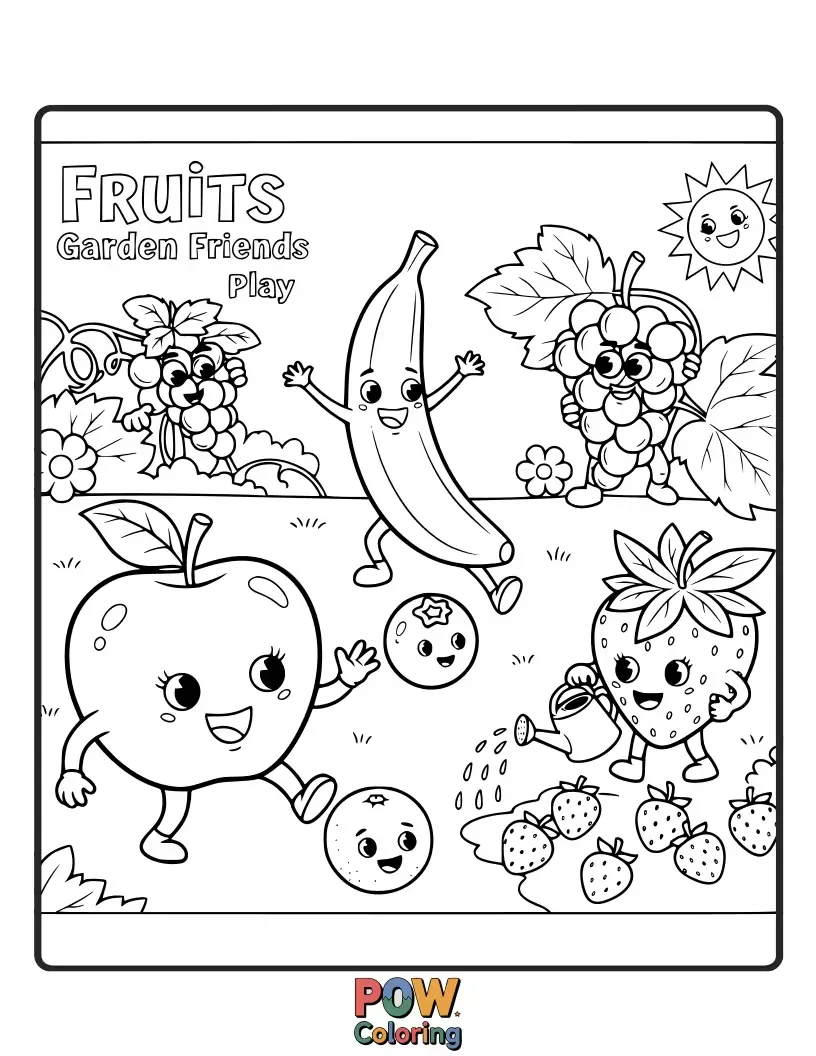 Free coloring page of Playful fruits interacting with friendly garden insects like ladybugs and butterflies amongst blooming flowers.