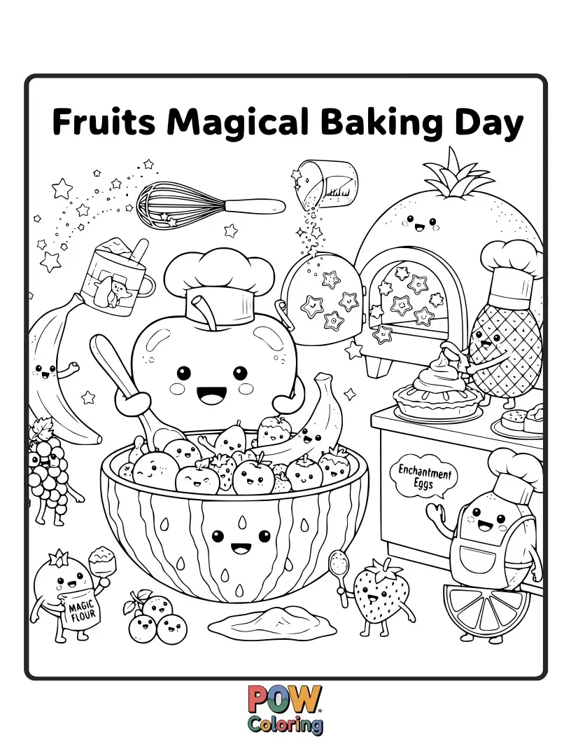 Free coloring page of Creative fruits in chef hats, happily baking and decorating delicious treats in a whimsical kitchen.