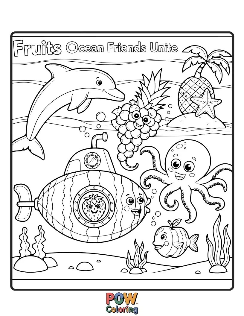 Free coloring page of Friendly fruits making new sea creature friends, sharing smiles and colorful underwater scenery.