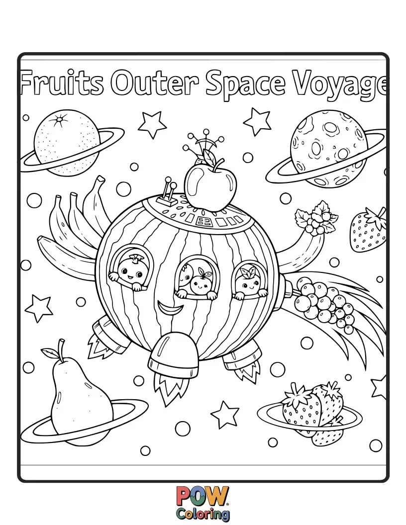 Free coloring page of Adventuresome fruits piloting a spaceship, exploring colorful planets and galaxies in the vastness of space.