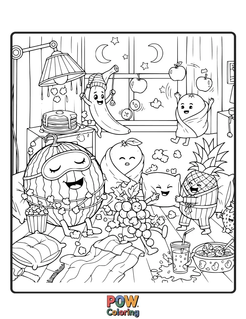 Free coloring page of Sleepy fruits in cozy pajamas having a playful and slightly chaotic pajama party with pillows and blankets.