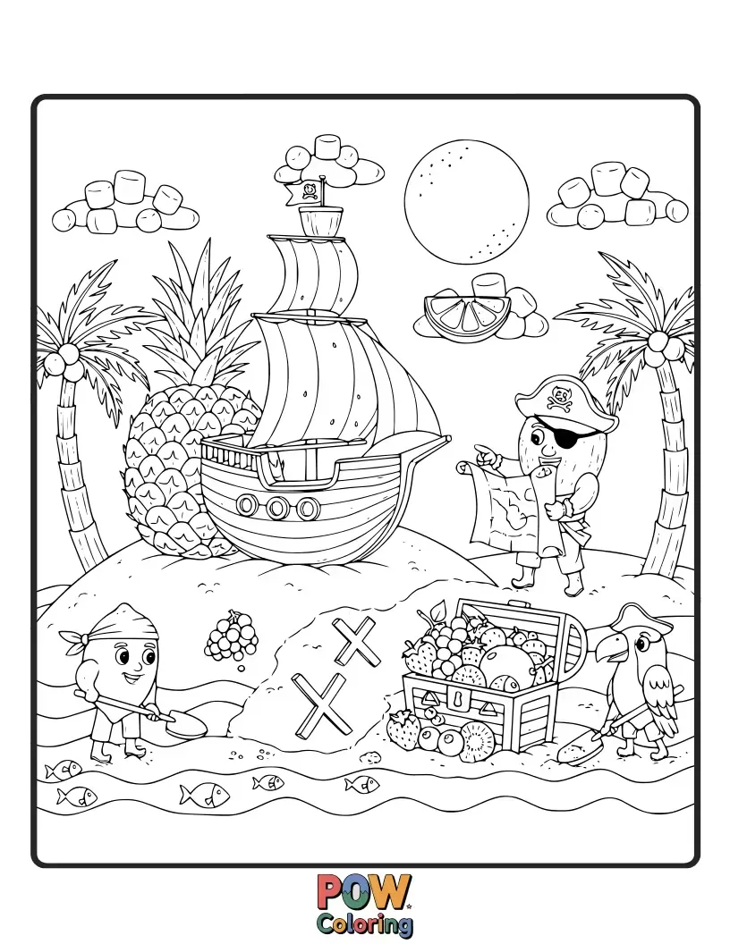 Free coloring page of Adventurous fruits dressed as pirates, searching for buried treasure on a tropical island with a treasure map.