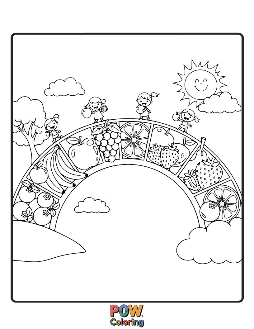 Free coloring page of Joyful fruits crossing a vibrant rainbow bridge, leading to a land of pure sweetness and delight.