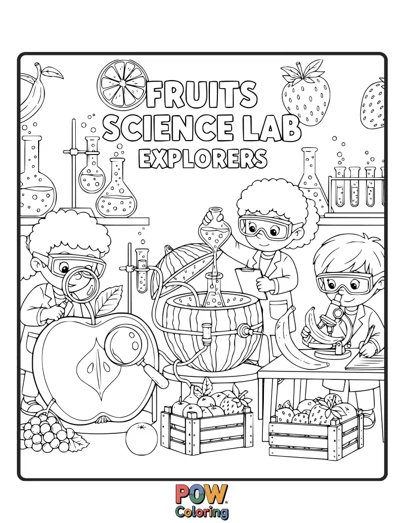 Free coloring page of Curious fruits in lab coats, conducting fun experiments with bubbling beakers and colorful test tubes.