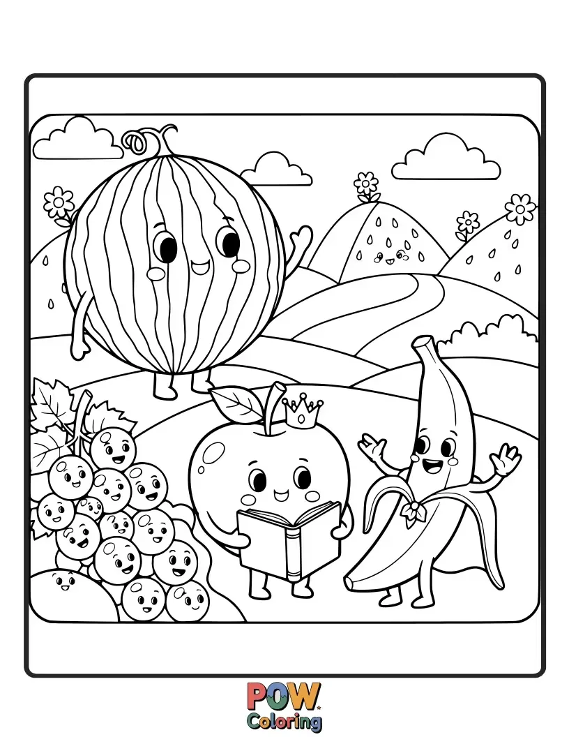 Free coloring page of Beloved fruits reimagined as charming storybook characters, embarking on enchanting fairytale adventures.