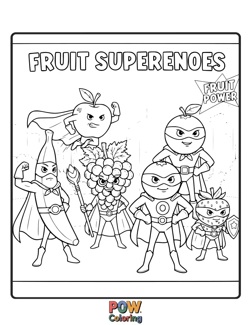 Free coloring page of Powerful fruits in superhero costumes, ready to save the day with their fruity superpowers.