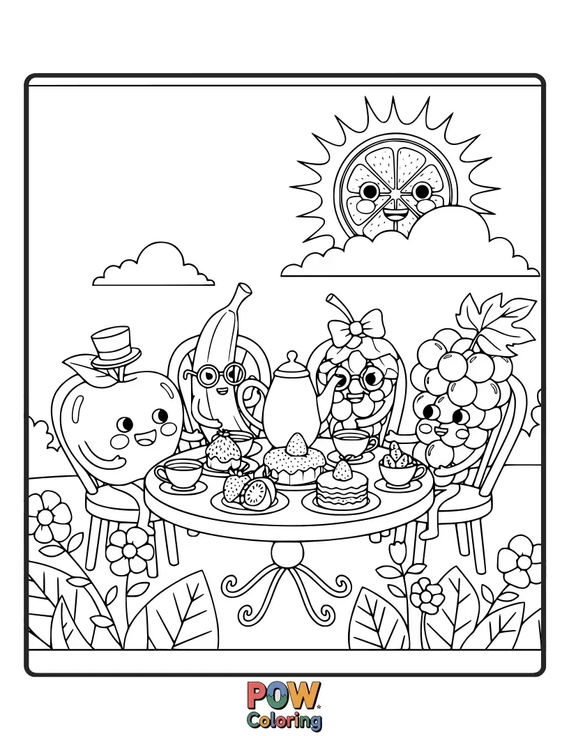 Free coloring page of Elegant fruits dressed in tiny hats and bowties, enjoying a delightful and sophisticated tea party.