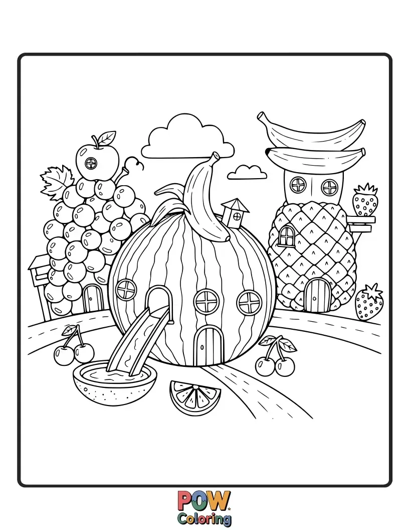 Free coloring page of Charming fruits living in miniature houses and shops, creating a quaint and bustling tiny fruits town.