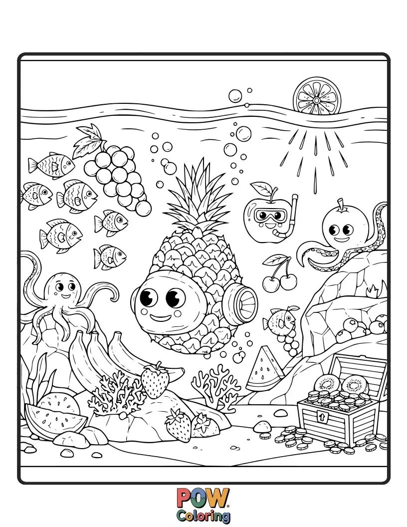 Free coloring page of Adorable fruits with little scuba gear exploring a colorful coral reef, encountering friendly sea creatures.