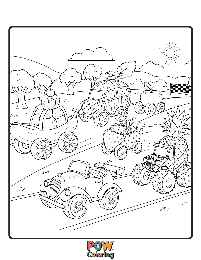 Free coloring page of Stylish fruits cruising in classic vintage cars, participating in a fun and retro car rally.