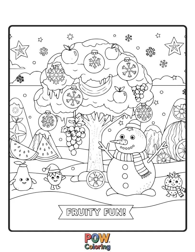 Free coloring page of Cozy fruits bundled in scarves and hats, playing in a snowy wonderland with snowflakes and icicles.