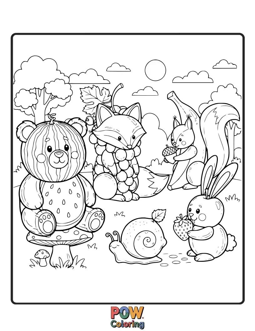 Free coloring page of Gentle fruits making friends with cute woodland creatures like bunnies and squirrels in a peaceful forest setting.