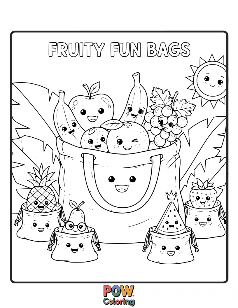 Free coloring page of Adorable little bags shaped and decorated like your favorite fruits, bringing a burst of sweet, colorful joy.