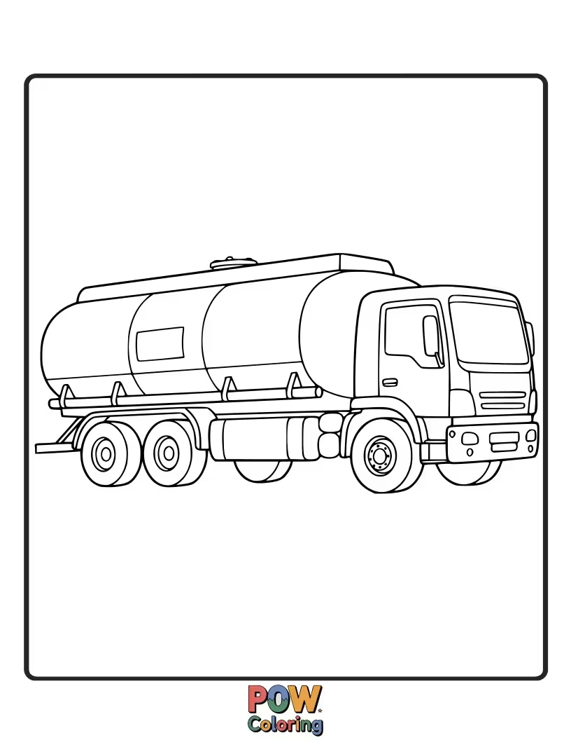Free coloring page of A large fuel tanker truck, designed for important deliveries. Color its sturdy frame and warning signs.
