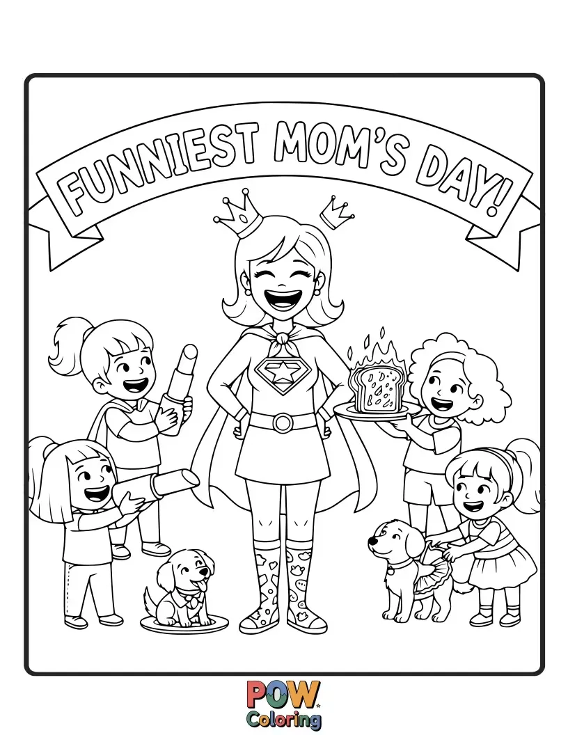 Free coloring page of A mom with googly eyes and a silly hat, trying to juggle multiple funny objects. Pure, unadulterated silliness.